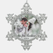 Onze eerste kerstfeestfoto tin sneeuwvlok ornament (Voorkant)