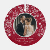 Onze eerste kerstfoto Cranberry Glas Ornament (Achterkant)