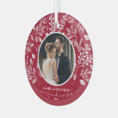 Onze eerste kerstfoto Cranberry Glas Ornament (Voorkant links)