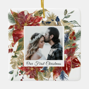 Onze eerste kerstfoto Elegant Floral Keramisch Ornament