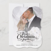 Onze eerste kerstfoto in Black Script Feestdagenkaart (Voorkant)