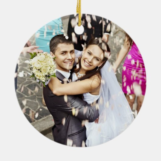 Onze eerste kerstfoto in het witte script keramisch ornament (Achterkant)