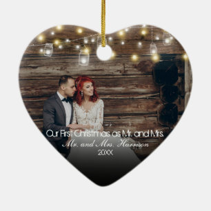 Onze eerste kerstfoto Mason Jars String Lights Keramisch Ornament