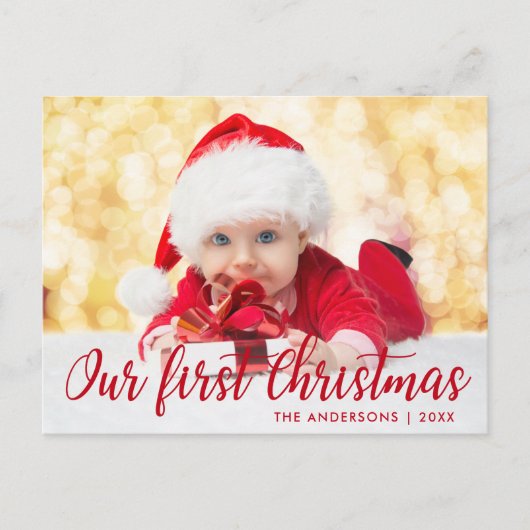 Onze eerste kerstfoto met rood script briefkaart (Voorkant)