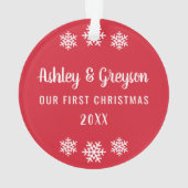 Onze eerste kerstfoto Red Snowflake Ornament (achterkant)