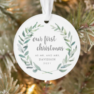 Onze eerste kerstfoto Rustic Greenery Pas getrouwd Ornament