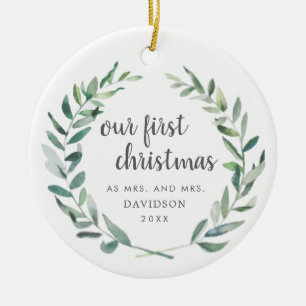 Onze eerste kerstfoto van lesbische Pas getrouwd Keramisch Ornament