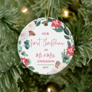Onze eerste kerstman Mr. & Mrs. Floral Wreath Foto Keramisch Ornament