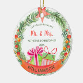 Onze eerste kerstman Mr. & Mrs. | Wreath Keramisch Ornament (Links)