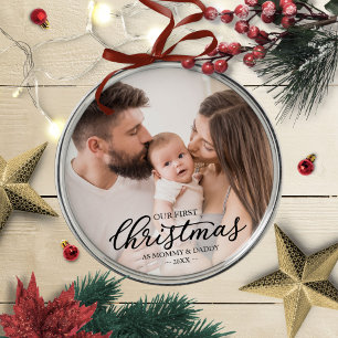 Onze eerste Kerstmis als Baby Foto van mama en pap Metalen Ornament