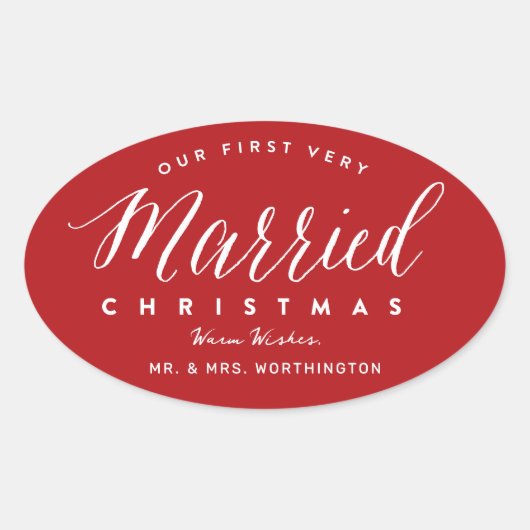 Onze Eerste Kerstmis Als Echtpaar Mr & Mrs Huwelij Ovale Sticker (Voorkant)