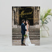 Onze Eerste Kerstmis als Getrouwd Paar Script Foto Folie Feestdagenkaart (Staand Voorkant)