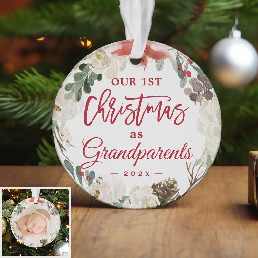 Onze eerste Kerstmis als grootouders Floral Foto Ornament