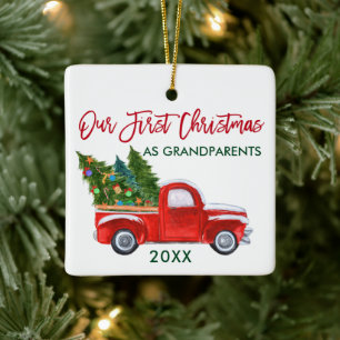 Onze eerste Kerstmis als grootouders Red Truck Keramisch Ornament