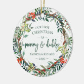 Onze eerste Kerstmis als mama en papa Rustic Wreat Keramisch Ornament (Links)