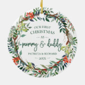 Onze eerste Kerstmis als mama en papa Rustic Wreat Keramisch Ornament (Achterkant)