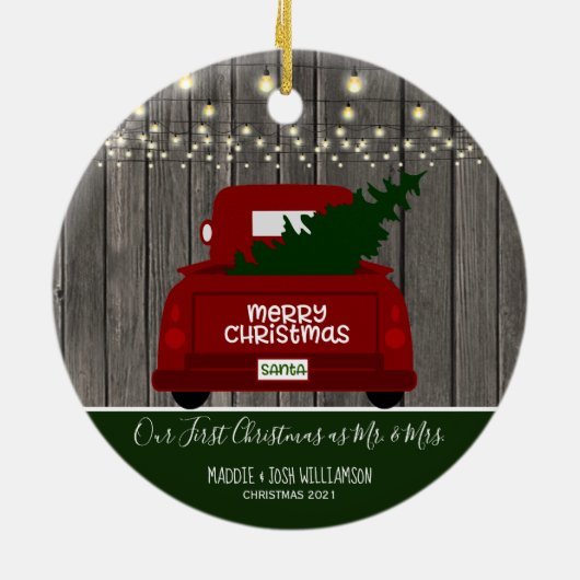 Onze eerste Kerstmis als Mr. en mevrouw Truck Ce Keramisch Ornament (Achterkant)