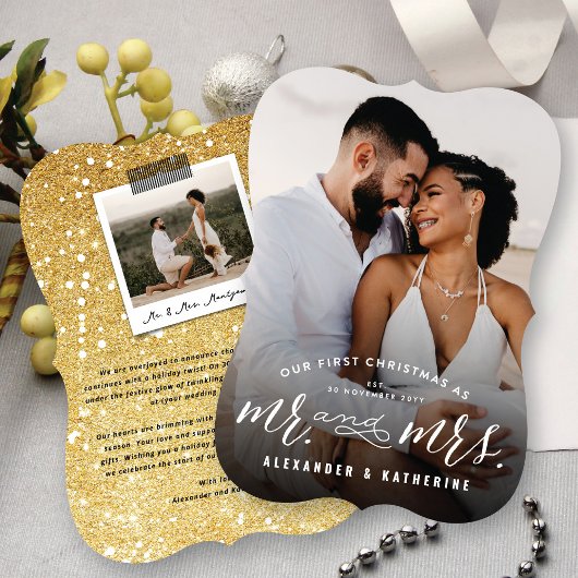 Onze eerste Kerstmis als Mr. en Mrs. Foto Wedding Feestdagenkaart