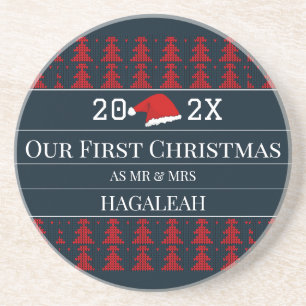 Onze Eerste Kerstmis als Mr en Mrs Paar Pas getrou Zandsteen Onderzetter