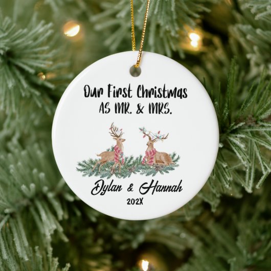 Onze Eerste Kerstmis als Mr en Mrs Personalized Keramisch Ornament (Boom)