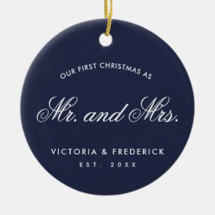 Onze eerste Kerstmis als Mr en Mrs Photo Navy Blue Keramisch Ornament