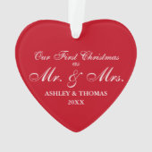 Onze eerste Kerstmis als Mr en Mrs Red Heart Ornament (achterkant)