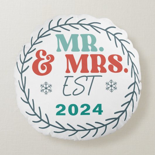 Onze Eerste Kerstmis als Mr en Mrs. Rond Kussen (Voorkant)