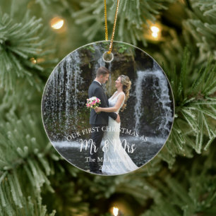 Onze eerste Kerstmis als Mr en Mrs Wedding Foto Keramisch Ornament