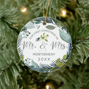Onze eerste Kerstmis als Mr en Mrs Wreath Foto Keramisch Ornament