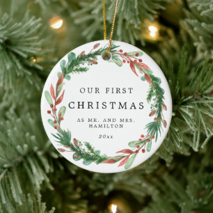 Onze eerste Kerstmis als Mr en Mrs Wreath Keramisch Ornament