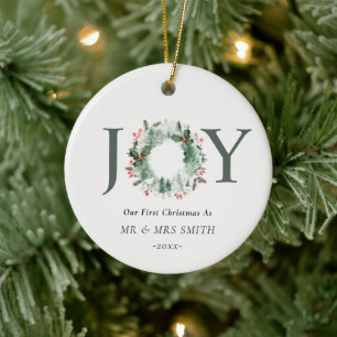 Onze eerste Kerstmis als Mr. Joy Wreath Foto Keramisch Ornament