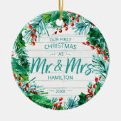Onze eerste Kerstmis als Mr. & Mrs. 2020 Rustic Wr Keramisch Ornament (Voorkant)