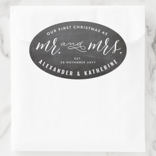 Onze eerste Kerstmis als Mr & Mrs Chalkboard Weddi Ovale Sticker (Tas)