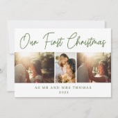 Onze eerste Kerstmis als Mr & Mrs Green Script Fot Feestdagenkaart (Voorkant)