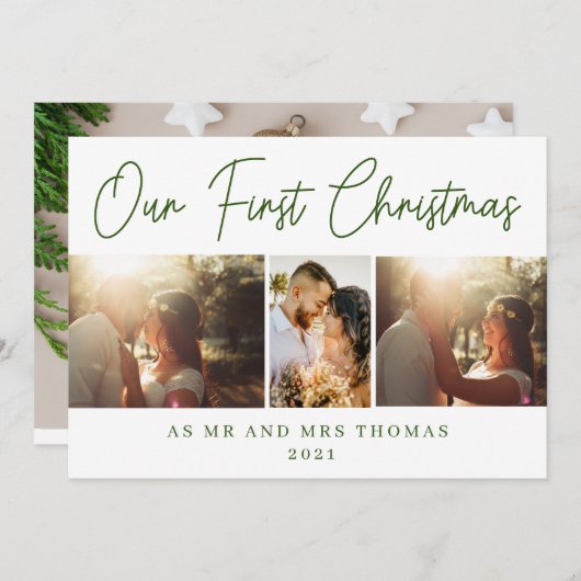 Onze eerste Kerstmis als Mr & Mrs Green Script Fot Feestdagenkaart (Voorkant / Achterkant)