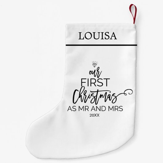 Onze eerste Kerstmis als Mr & Mrs Persoonlijke Naa Kleine Kerstsok (Achterkant)