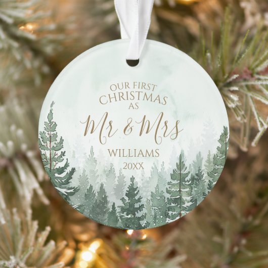Onze eerste Kerstmis als Mr & Mrs Photo Pine Fores Ornament (Boom)