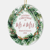 Onze eerste Kerstmis als Mr & Mrs Photo Wreath Keramisch Ornament (Links)