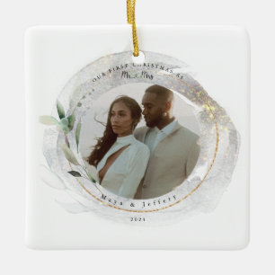 Onze eerste Kerstmis als Mr.&Mrs Silver & Gold Fot Keramisch Ornament