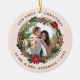 Onze eerste Kerstmis als Mr. & Mrs trouwfoto Keramisch Ornament