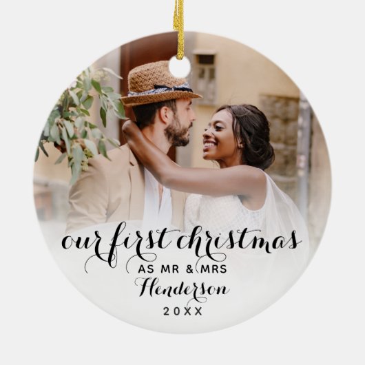 Onze eerste Kerstmis als Mr & Mrs Wedding Foto Keramisch Ornament (Achterkant)
