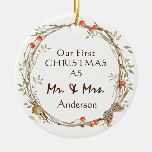 Onze eerste Kerstmis als Mr & Mrs Wreath Keramisch Ornament (Voorkant)