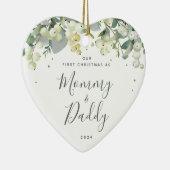 Onze eerste Kerstmis als Ouders Foto Heart Shaped Keramisch Ornament (Rechts)