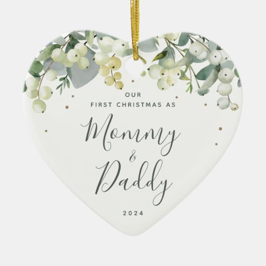 Onze eerste Kerstmis als Ouders Foto Heart Shaped Keramisch Ornament (Voorkant)