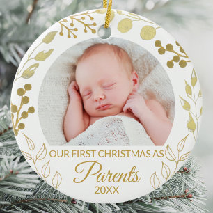 Onze Eerste Kerstmis Als Ouders Gouden Blad Foto Keramisch Ornament