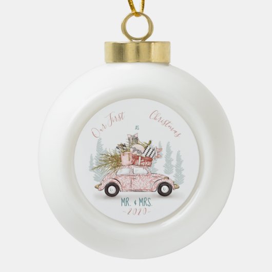 Onze eerste Kerstmis als Waterverf Car. Keramische Bal Ornament (Voorkant)