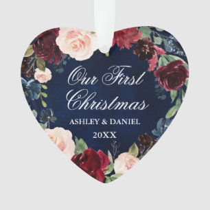 Onze Eerste Kerstmis Bloemen FOTO Terug Hart Ornament