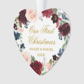 Onze Eerste Kerstmis Bloemen Goud FOTO Terug Hart Ornament (voorkant)