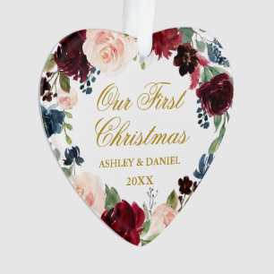 Onze Eerste Kerstmis Bloemen Goud FOTO Terug Hart Ornament