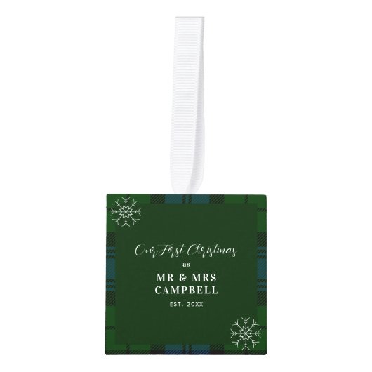 Onze eerste Kerstmis bruiloft foto Campbell Tartan Kubus Ornament (Voorkant)